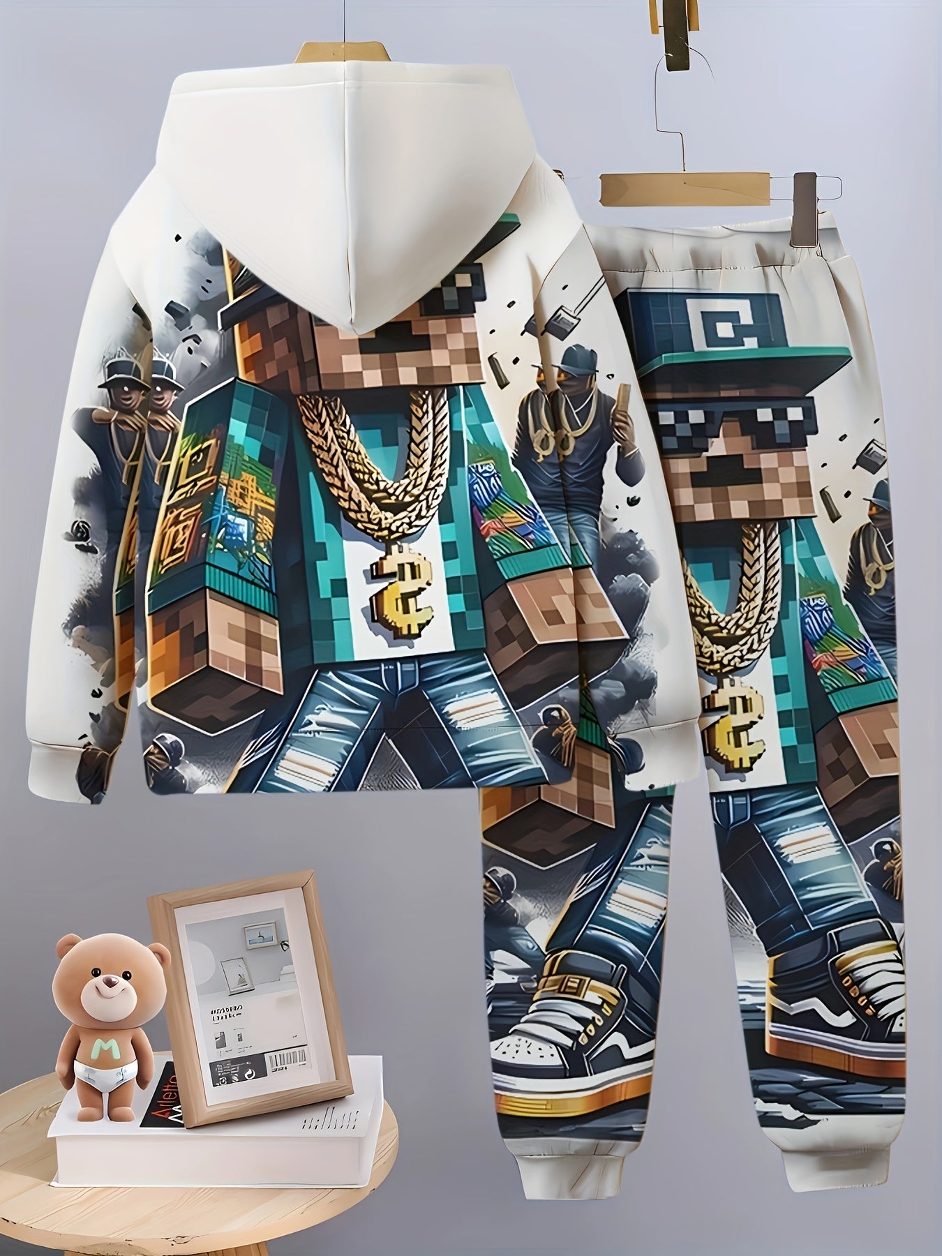 Boys' 2-Piece Hoodie and Pants Set with 3D Character Print for Spring and Fall