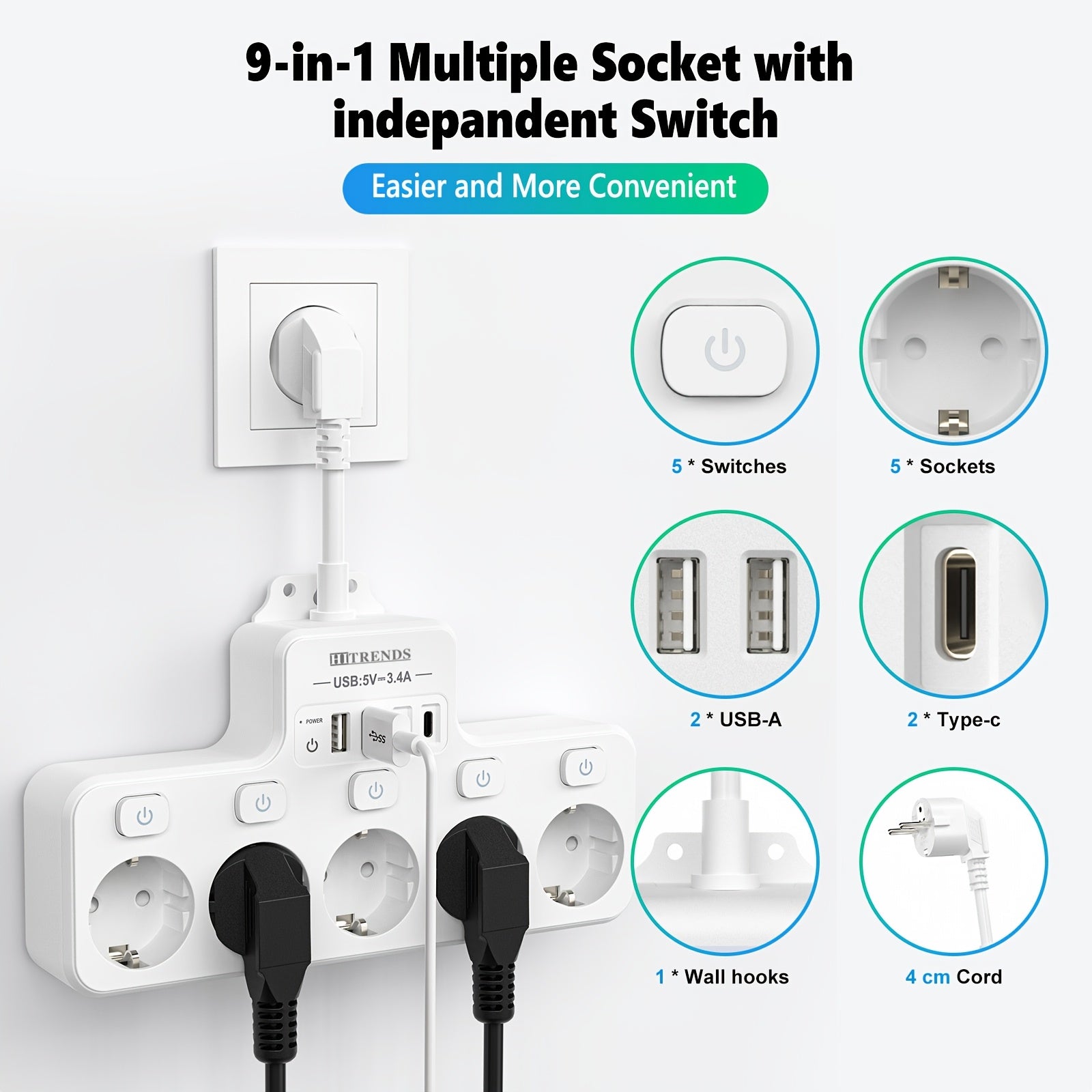 9-in-1 Power Strip with USB C and A EU Sockets Wall Mountable Safe Surge Protector