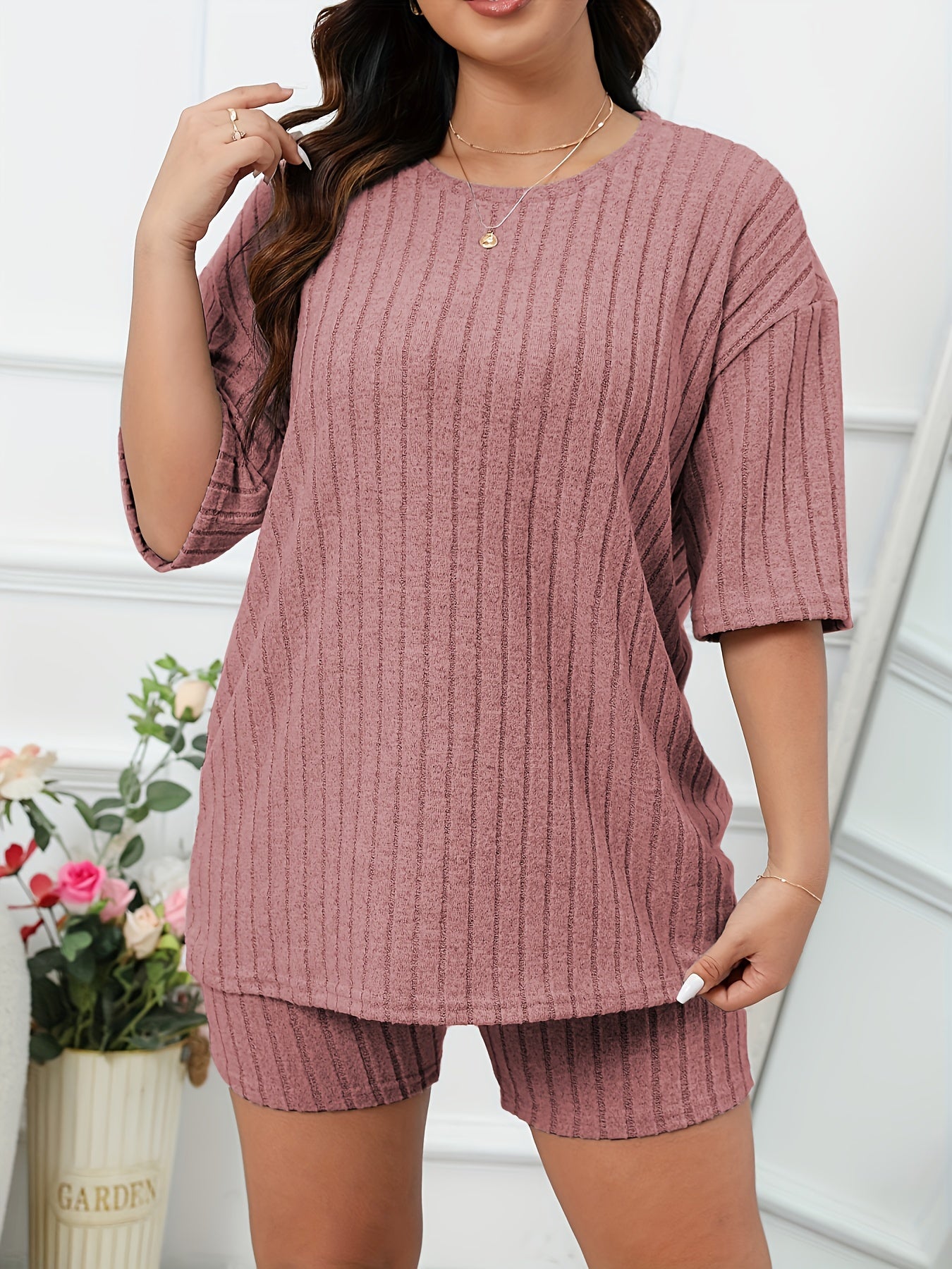 Women's Plus Size Ribbed Lounge Set Shorts & Top Pajamas