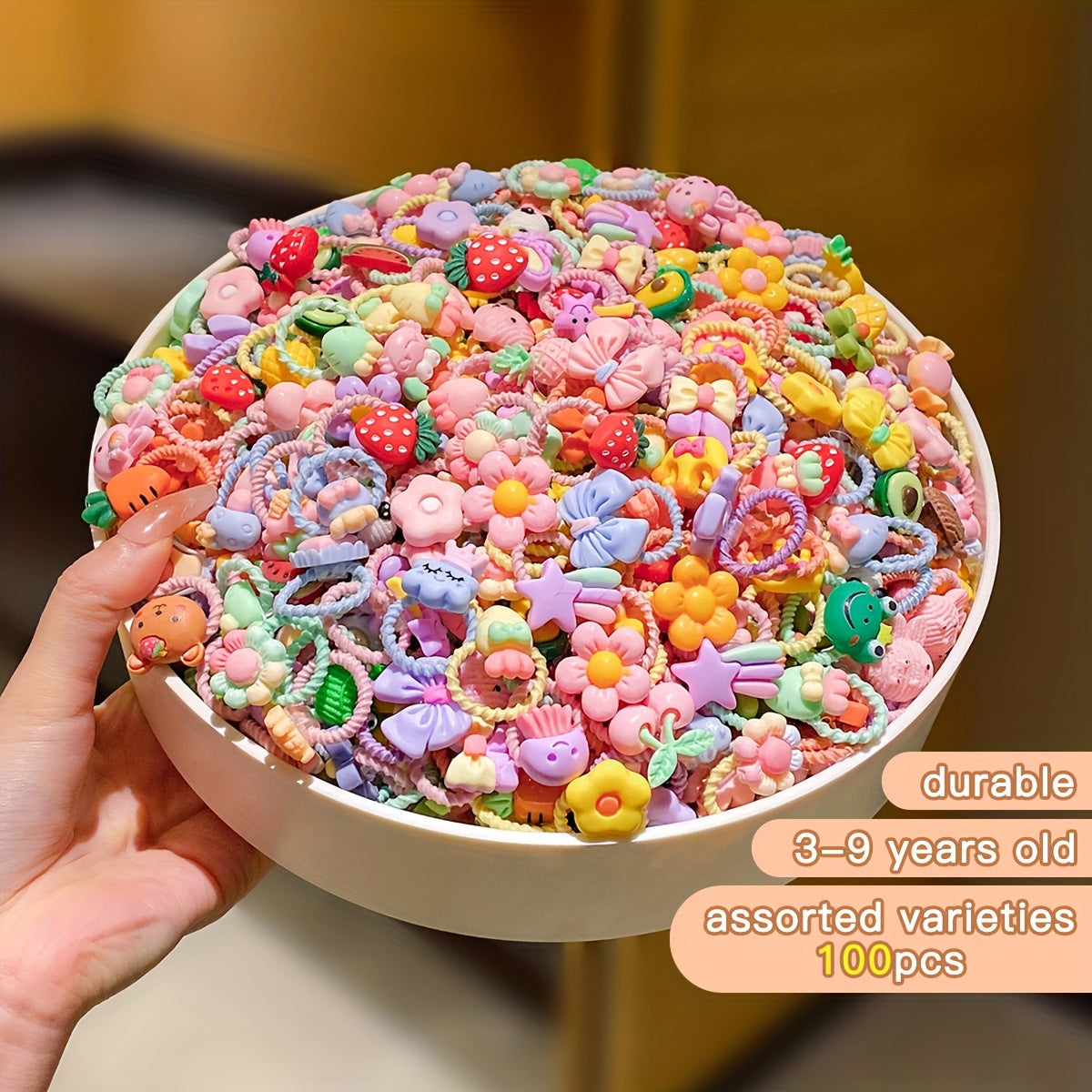 Anillos de pelo con hilos de dibujos animados coloridos para niños de 3 a 14 años, accesorios de resina, paquete de 100