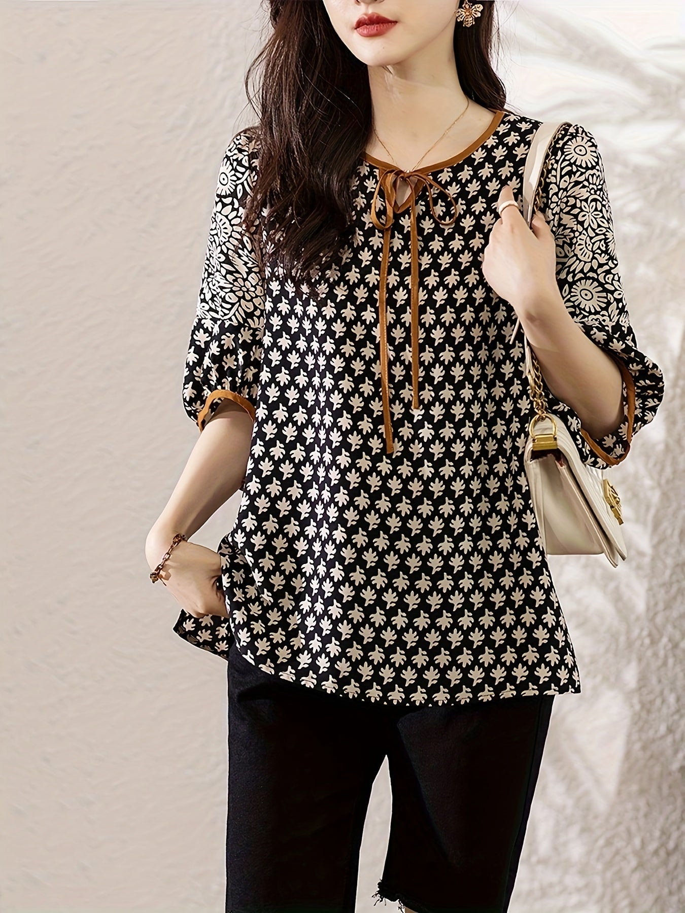 Women's Casual Chiffon Top with Printed Design and Lace-Up for Summer