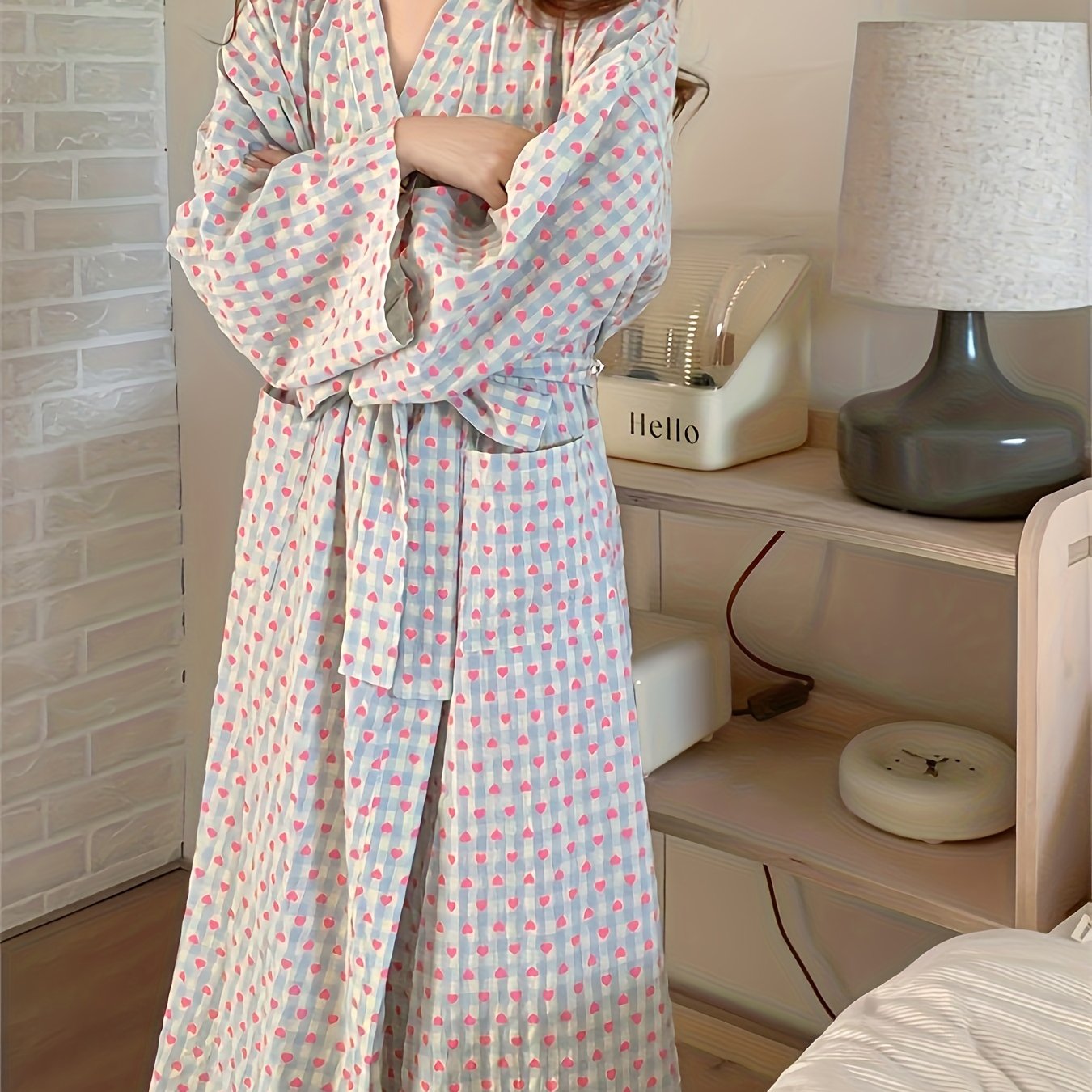 Women's Plaid Heart Print Robe Spring Summer Loose Fit Home Dress
