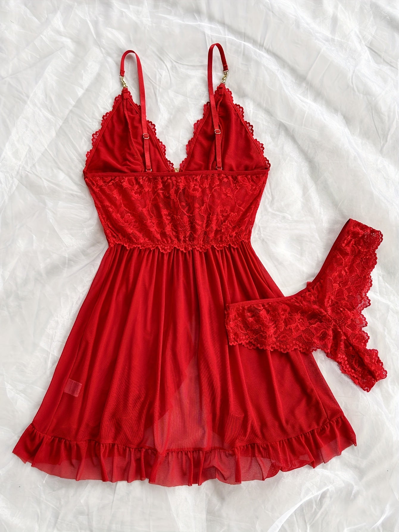 Women's Lace Slip Dress Pajama Set with V-Neck Backless Ruffle Hem and Shorts All-Season Breathable Polyester Blend