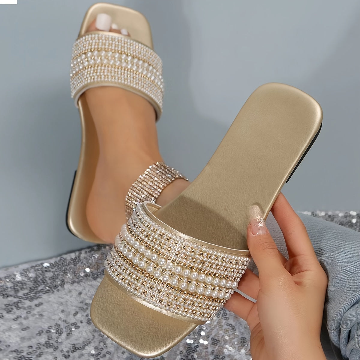 Women’s Pearl-Embellished Slide Sandals Faux Leather Flat Summer Footwear