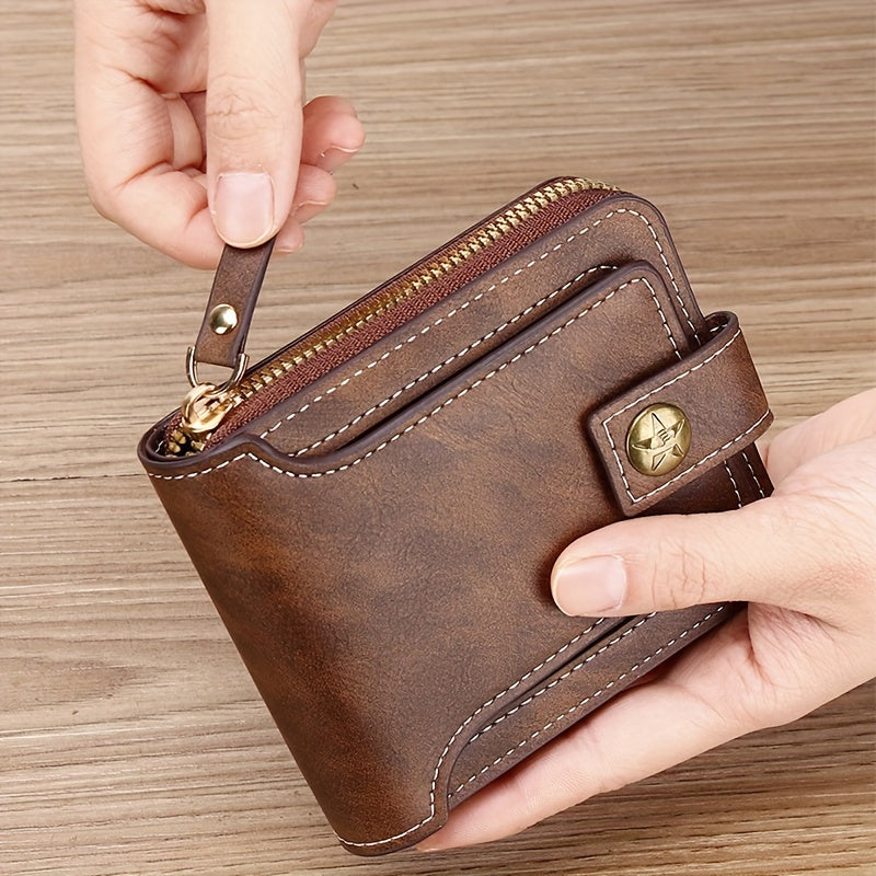 Men's PU Zipper Wallet with Button Decor Credit Card Holder Bifold Coffee