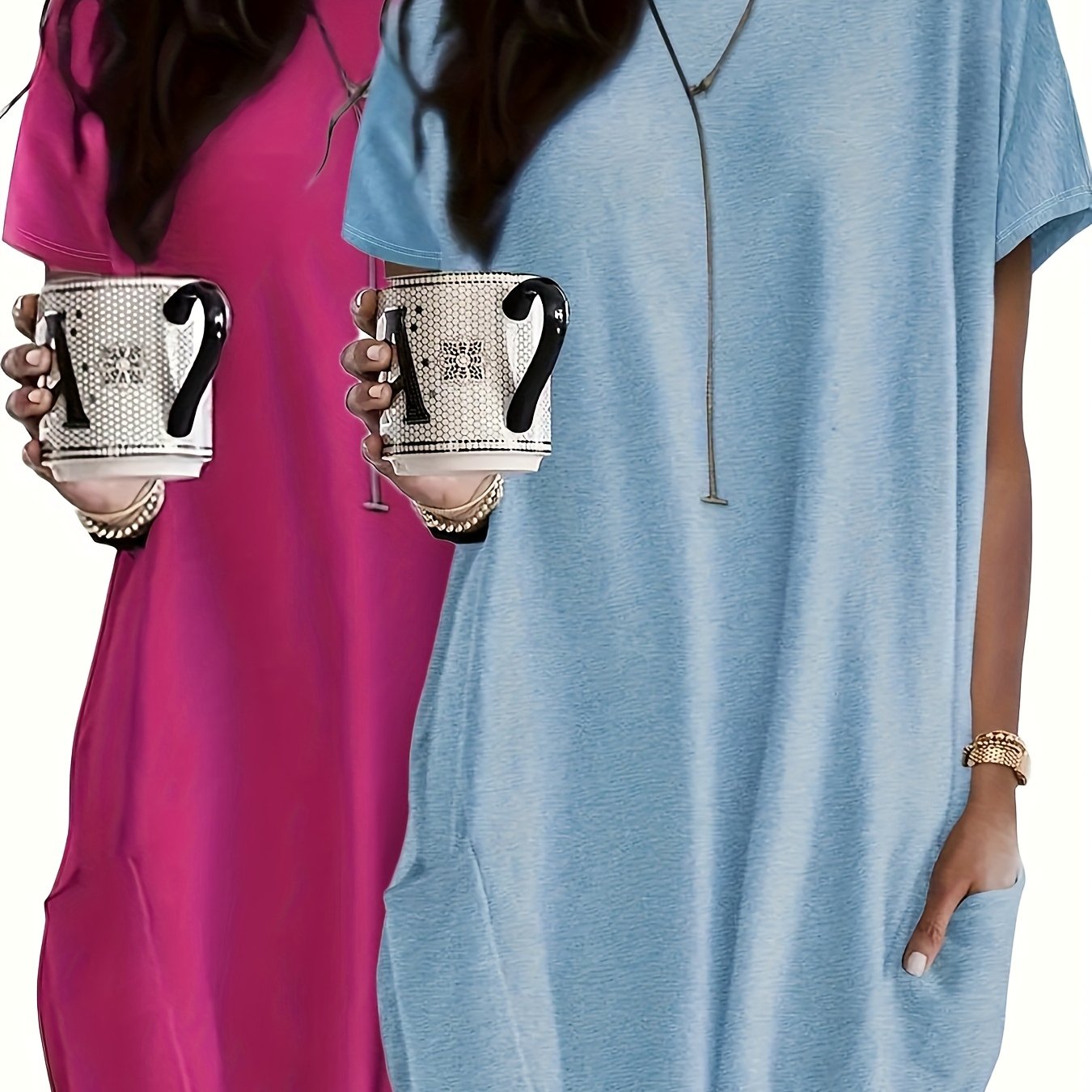 Women's Casual Summer Tops 2 Pack Short Sleeve Loose Fit Pockets Polyester