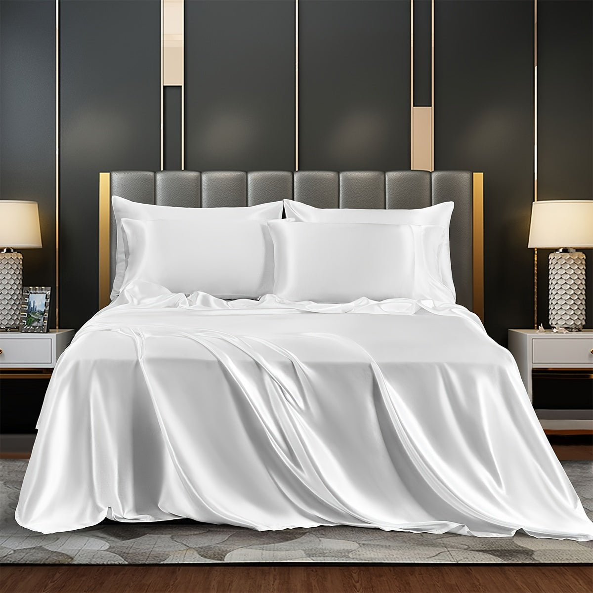 Satin Bed Sheets Set Fitted and Flat Sheets with Pillowcases for Bedroom
