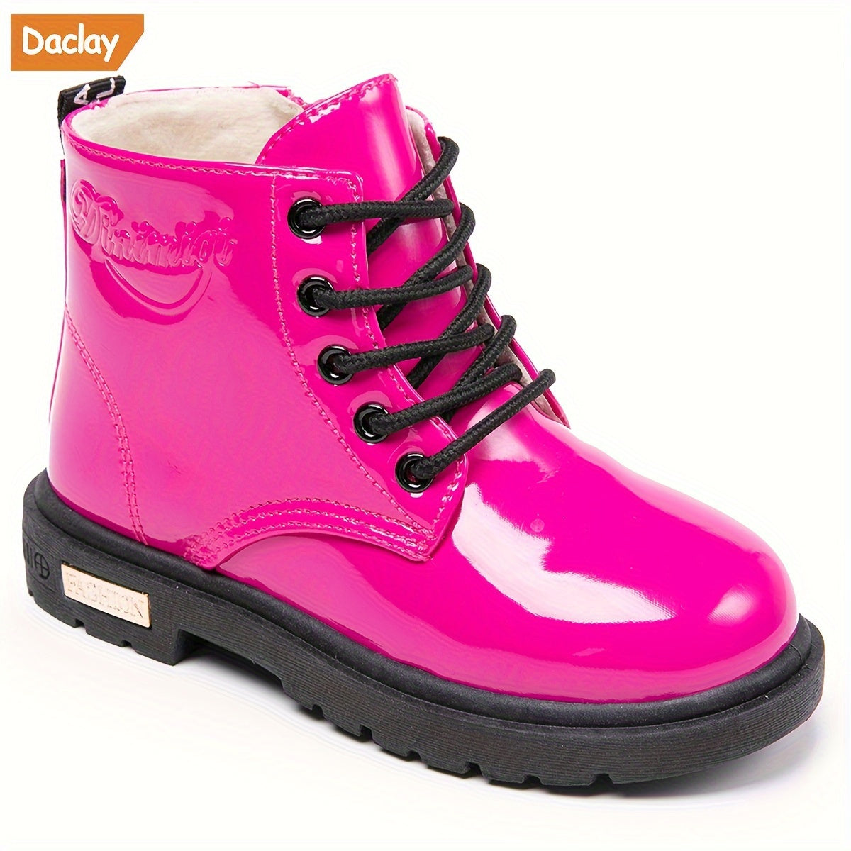 Daclay Bolalar uchun Fleece-qoplamali Bo'yinli Botinkalar - Multfilm Dizayni, Qalin Poyafzal, Bog'ichli, Sun'iy Charm va Gumli Taglik - Ochiq Havoda O'yinchoqlar uchun O'g'il va Qizlar uchun Poyabzal