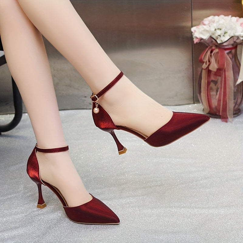 Women's Satin Pointed Toe High Heels with Ankle Strap for Evening and Wedding