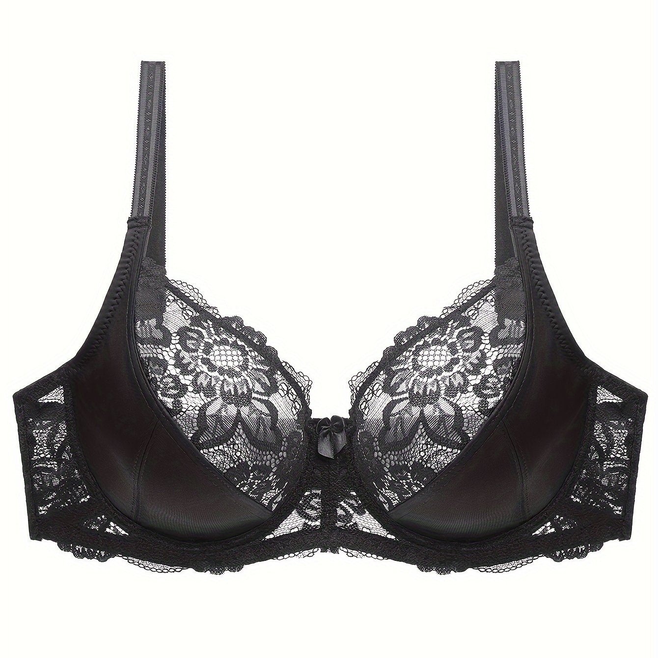 Plus Size Elegant Underwired Non-Padded Bra with Bow and Contrast Lace