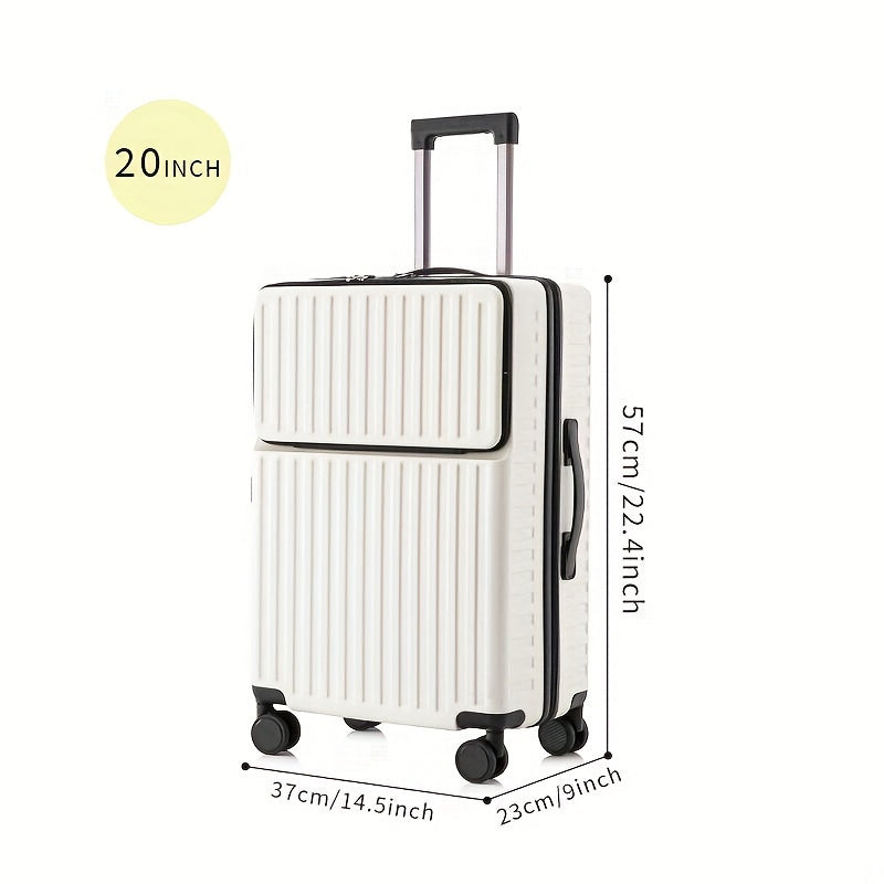 White 20 Inch Spinner Trolley Suitcase with Zippered Front Pocket and Telescopic Handle