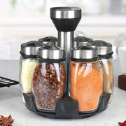 7-Piece Glass Spice Jar Set with Rotating Organizer Salt Pepper Sugar Shakers Kitchen Storage
