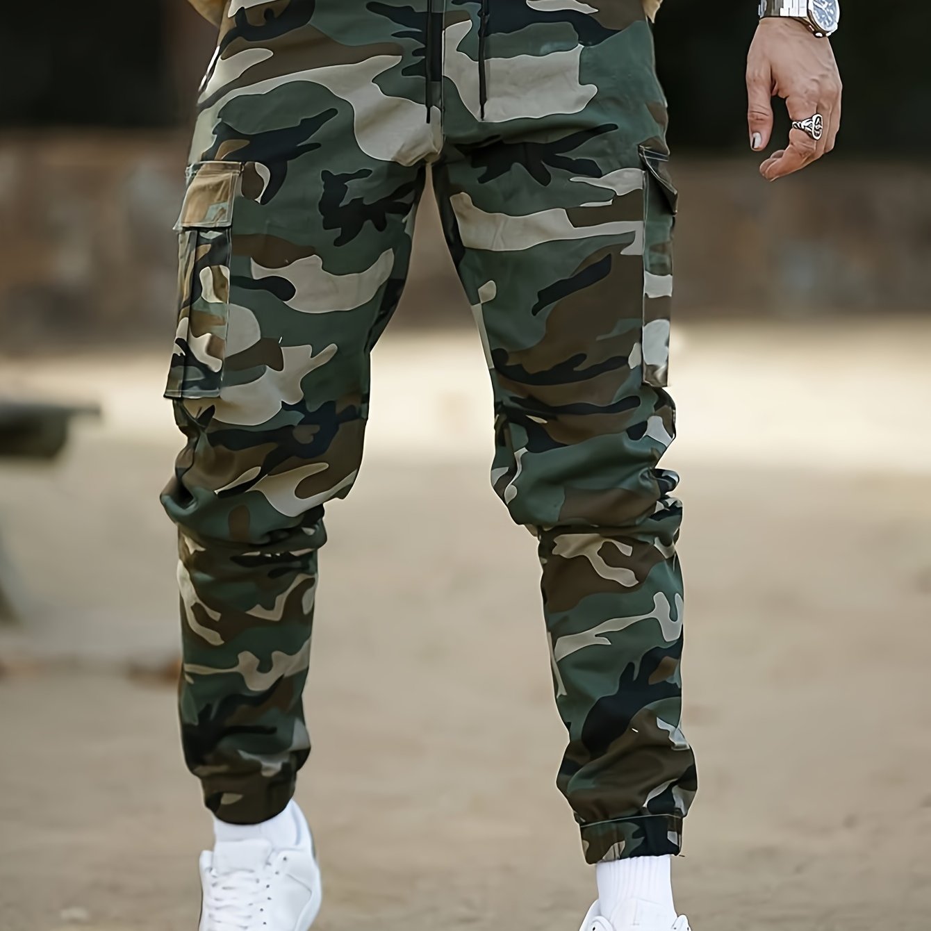 Men's Camo Cargo Pants Non-Stretch Polyester Drawstring Waist Flap Pockets Outdoor Work