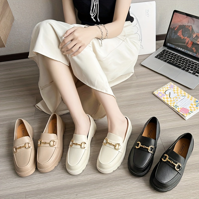Women Retro Chunky Sole Slip-On Loafers EVA Upper Beige White Casual Shoes