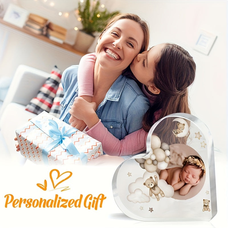 Personalized Heart-Shaped Acrylic Photo Plaque with Teddy Bear for First Year Memories