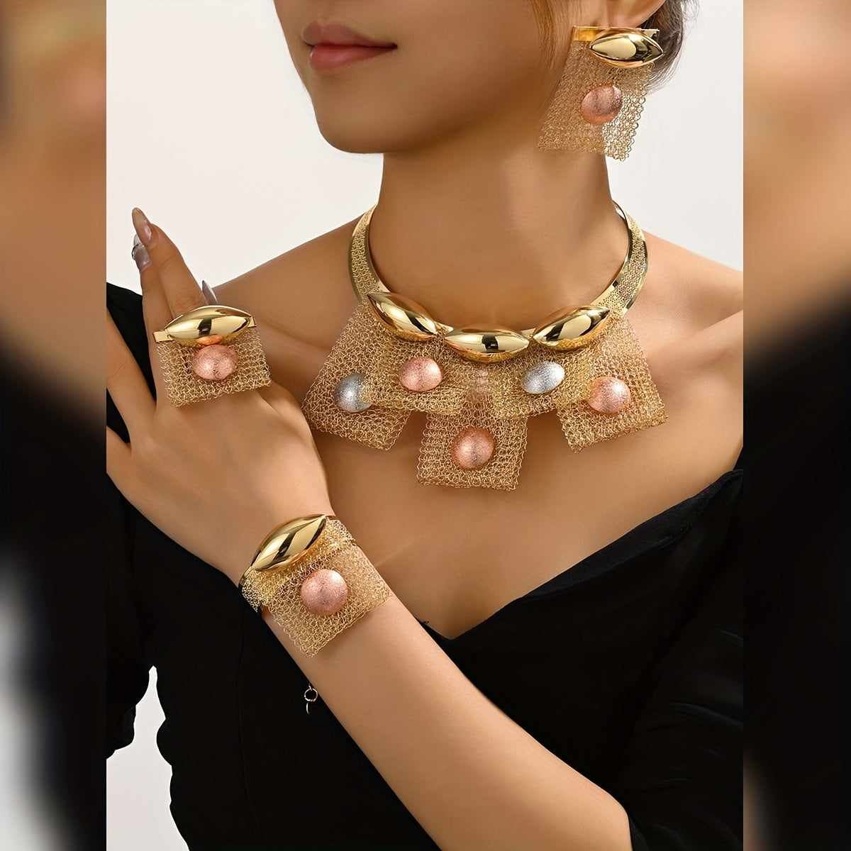 Bridal Jewelry Set 18K Gold-Plated Vintage Necklace Earrings Bracelet for Wedding and Party