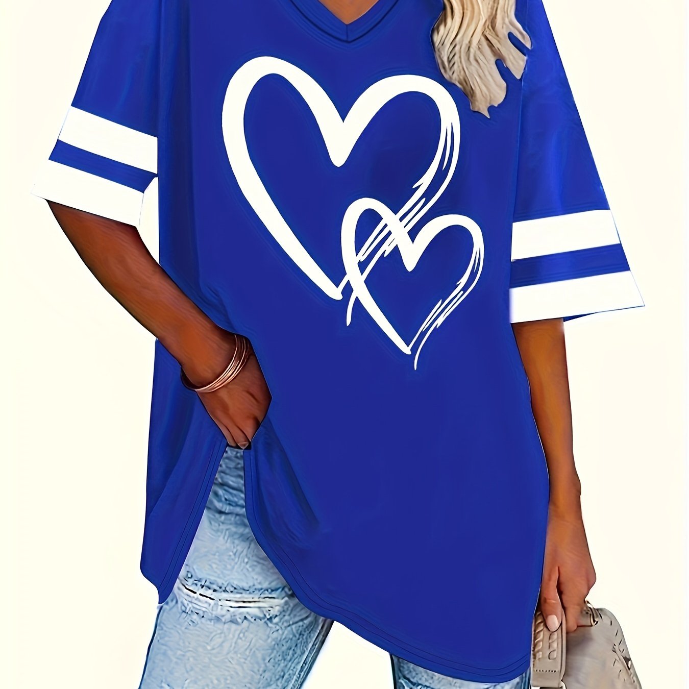 Plus Size Heart Print T-Shirt Casual Short Sleeve V Neck Top for Summer