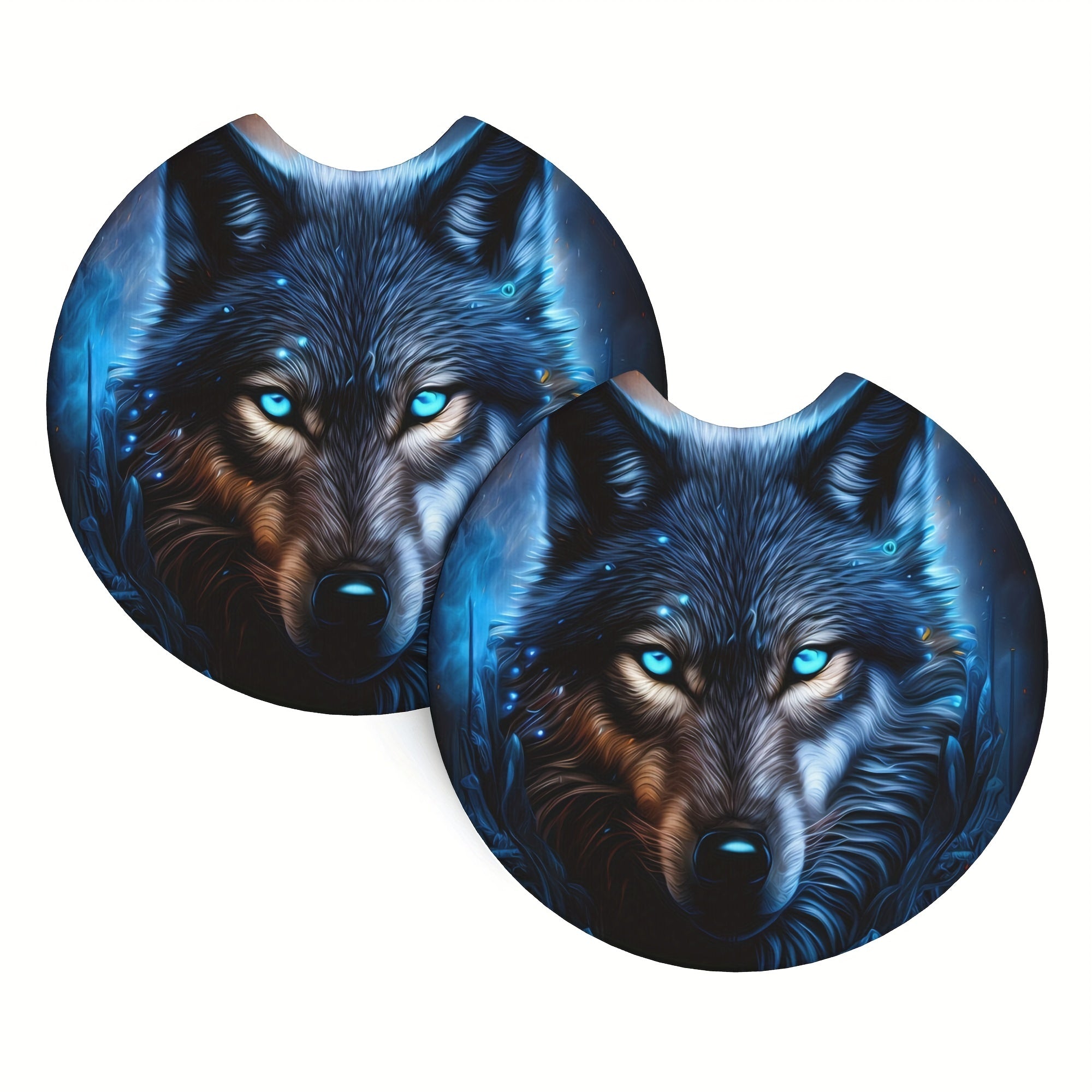 2pcs Blue Flame Wolf Pattern Absorbent Car Cup Holder Coasters Non-slip Rubber