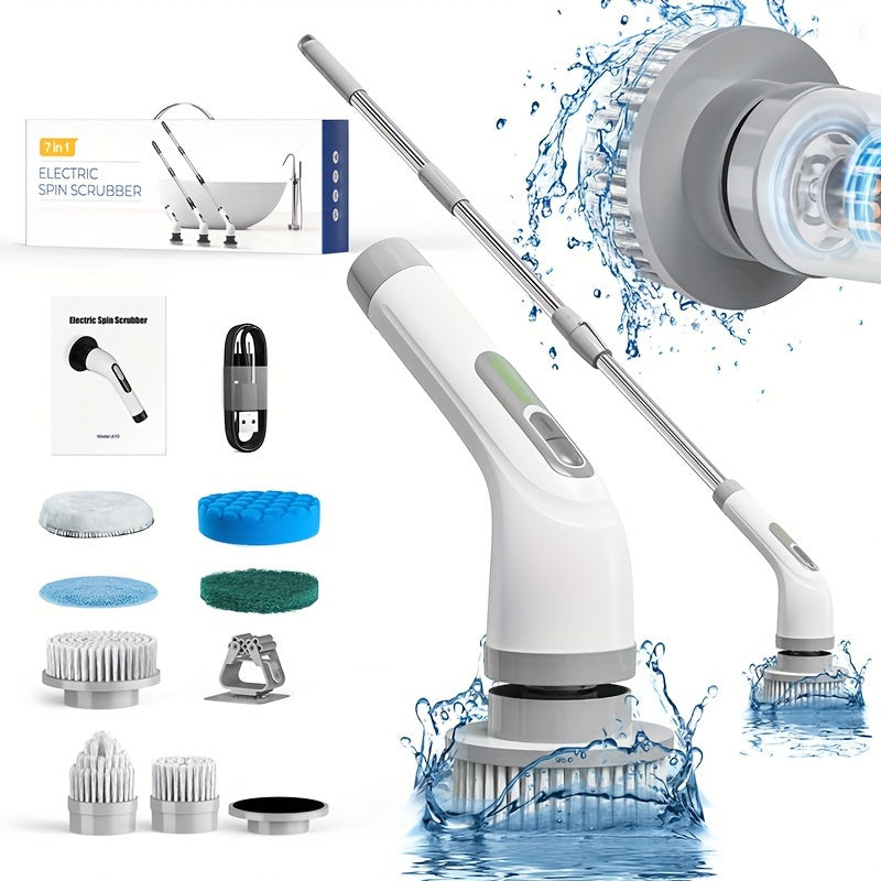 7-in-1 Cordless Electric Cleaning Brush Set with Long Handle, Rechargeable, Portable