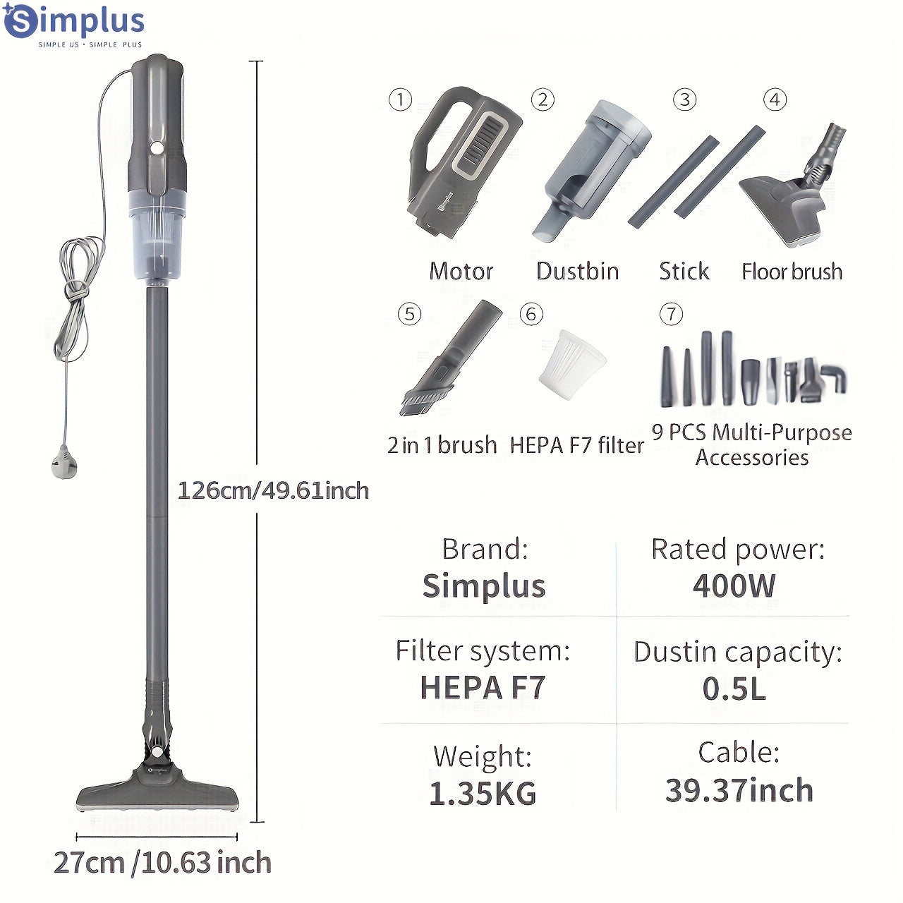 Qattiq simli changyutgich 16000PA tortish kuchi, 400W shovqin, 82dB, 0.5L chang qopqog'i va 4m sim bilan