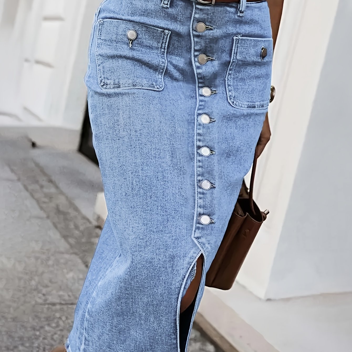 Women's Midi Denim Skirt Casual Bodycon Button Front High Stretch Solid Color Spring Summer Fall