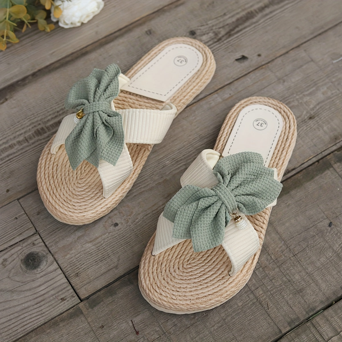 Women's Vintage Style Slide Sandals Breathable Linen Green Flats Summer Casual