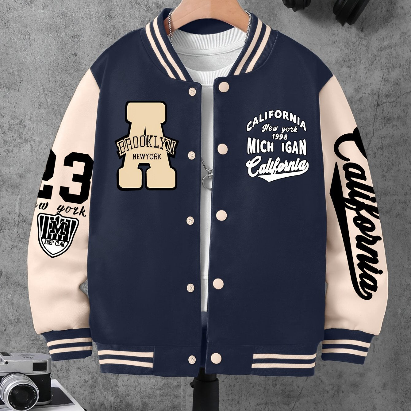 Boys Polyester Varsity Jacket with Geometric Pattern Baseball Collar Letter A Number 23 Fall Winter