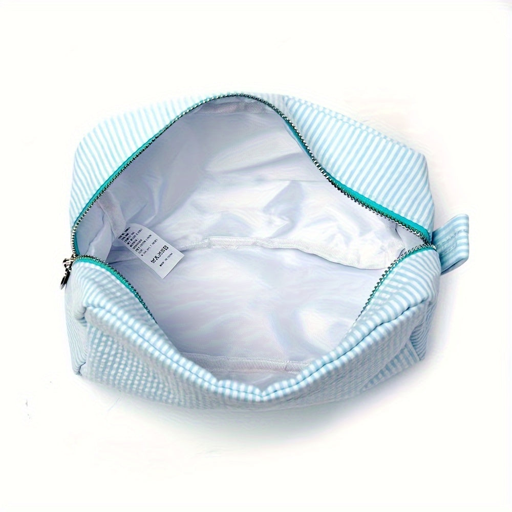 Neceser de maquillaje de lona a rayas bordada para niñas y adolescentes, azul, con cremallera, organizador de viaje