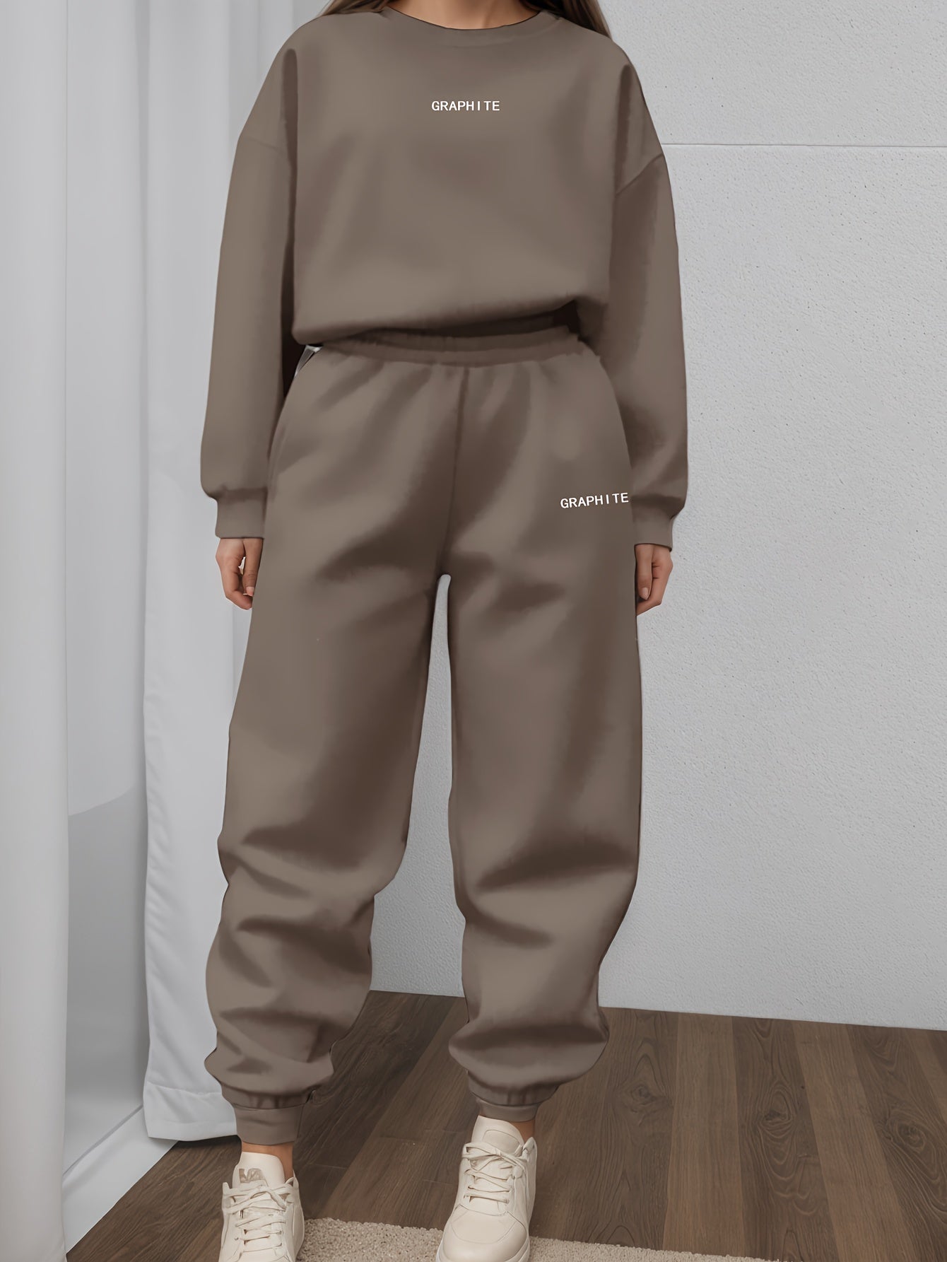 Plus Size Women's Casual Sportswear Set Polyester Brown Joggers Sneakers