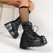 Women's Platform Punk Style Lace Up Boots with Zipper in Solid Color