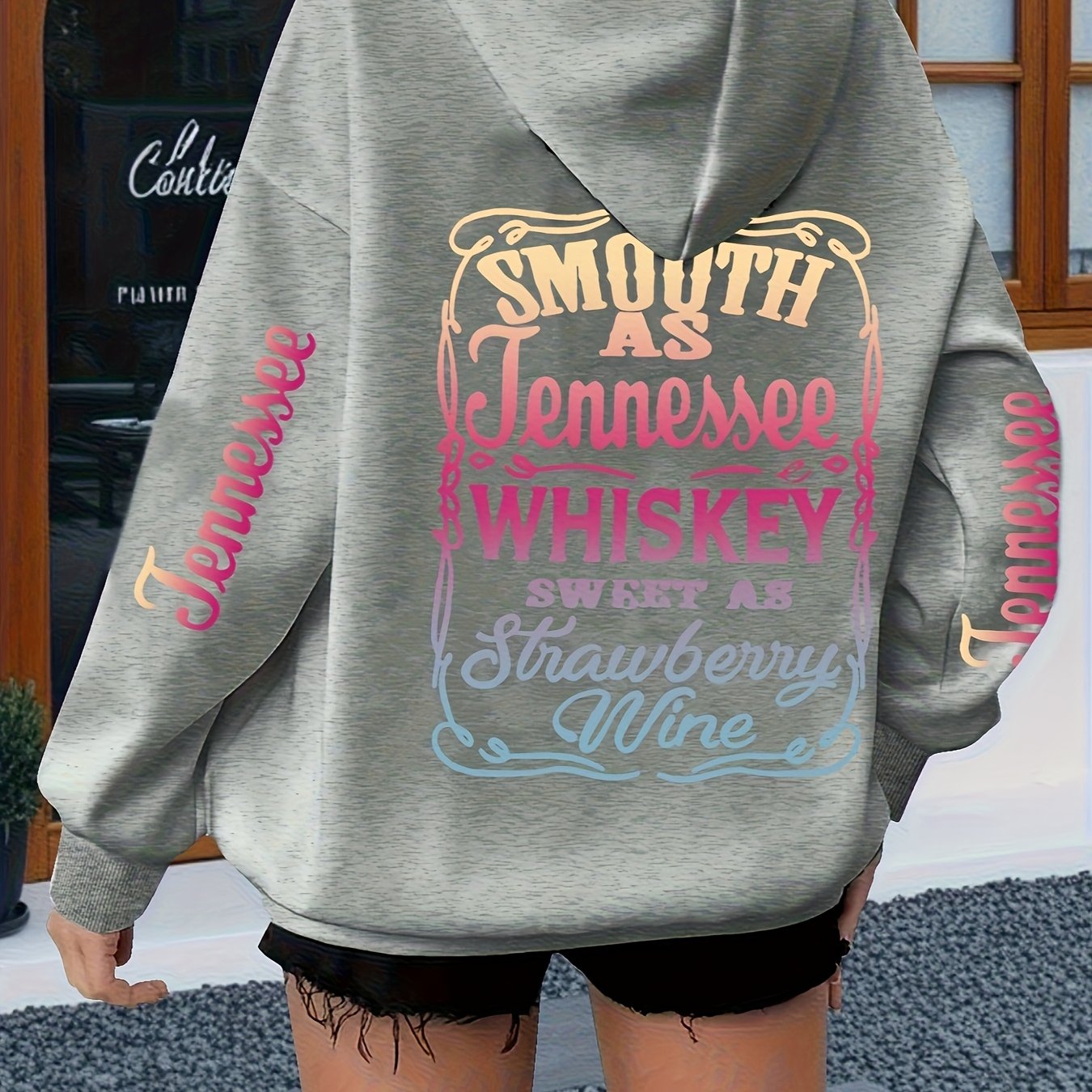 Plus Size Women's Oversized Hoodie with Graphic Text, Pockets, Drawstring