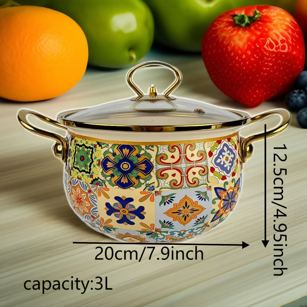 Enamel Coated Saucepan with Glass Lid, Durable Thickened Material, 3-4 Serving