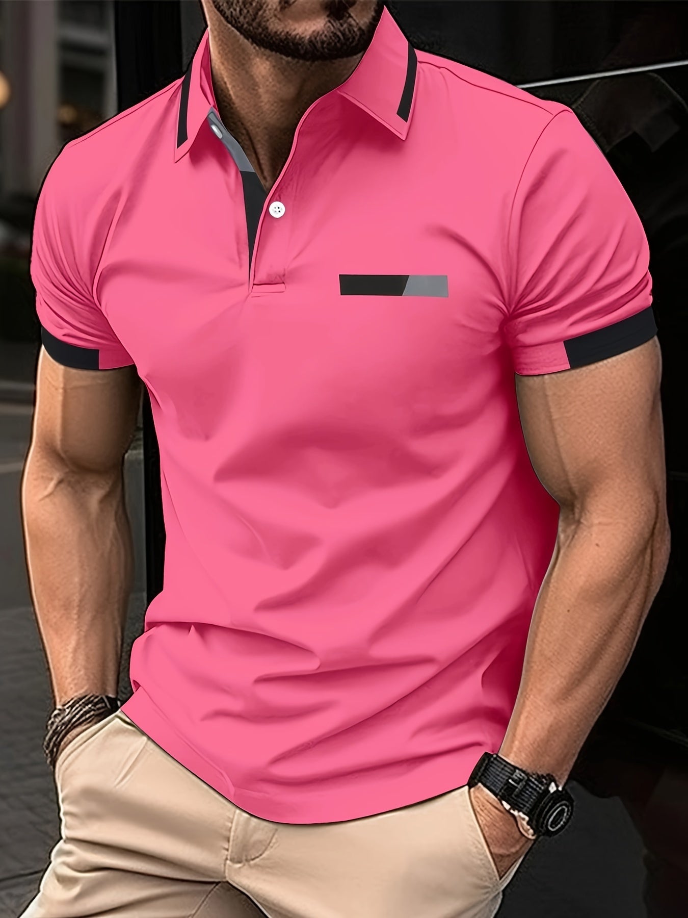 Men's Short Sleeve Shirt with Chest Print and Turnover Collar Summer Casual Polyester
