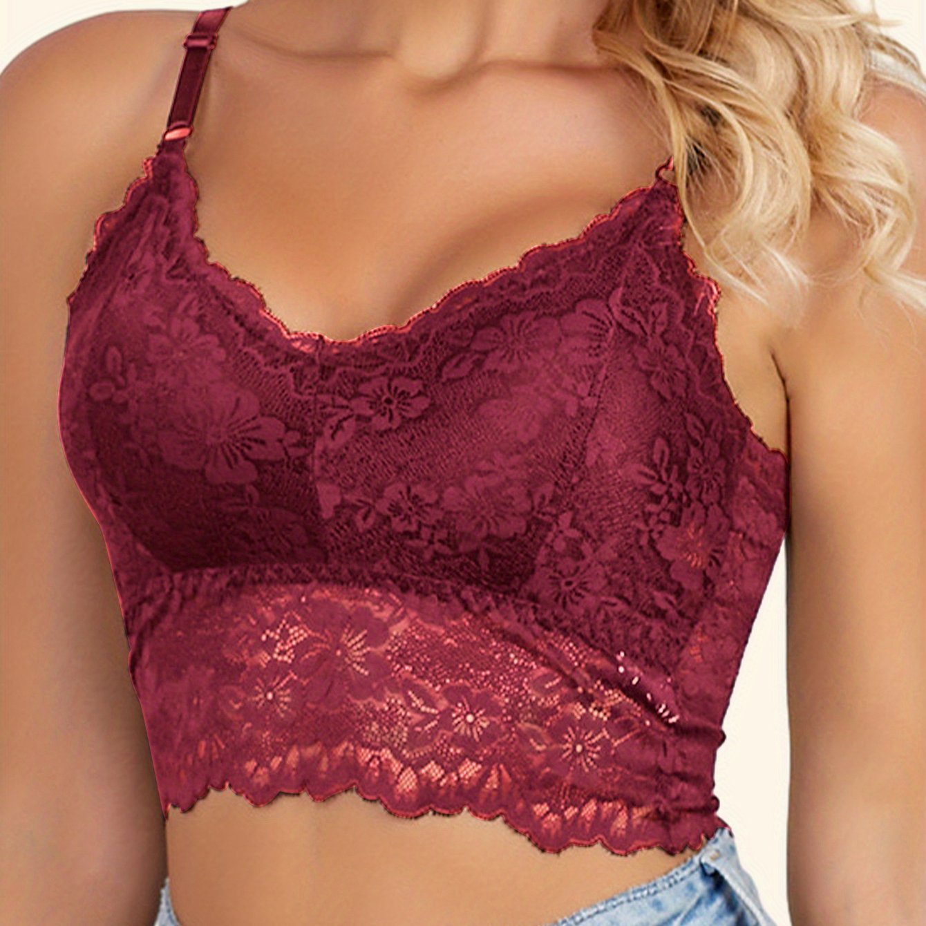 Women's Beige Floral Lace Wireless Bra with Removable Pads and Adjustable Straps