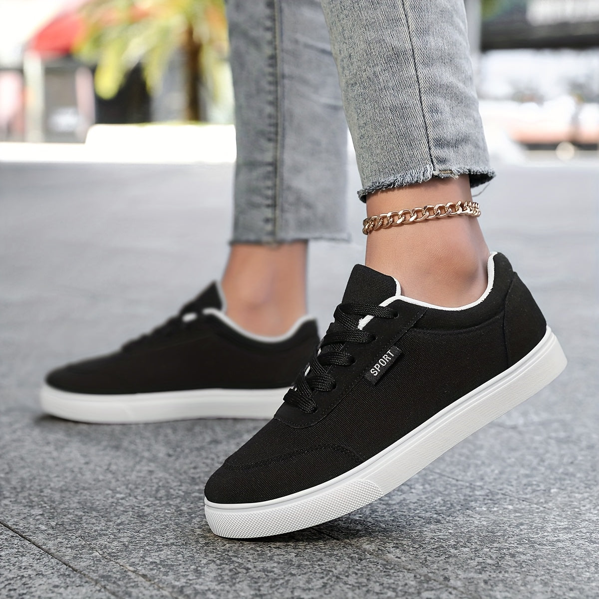 Women's Lightweight Breathable Black Skate Sneakers Casual Comfort Wide Sizes