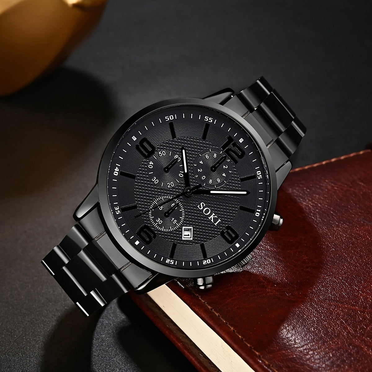 Men's Quartz Watch Set with 4 Pieces Alloy Case Stainless Steel Strap Calendar Non-Waterproof Electronic Movement