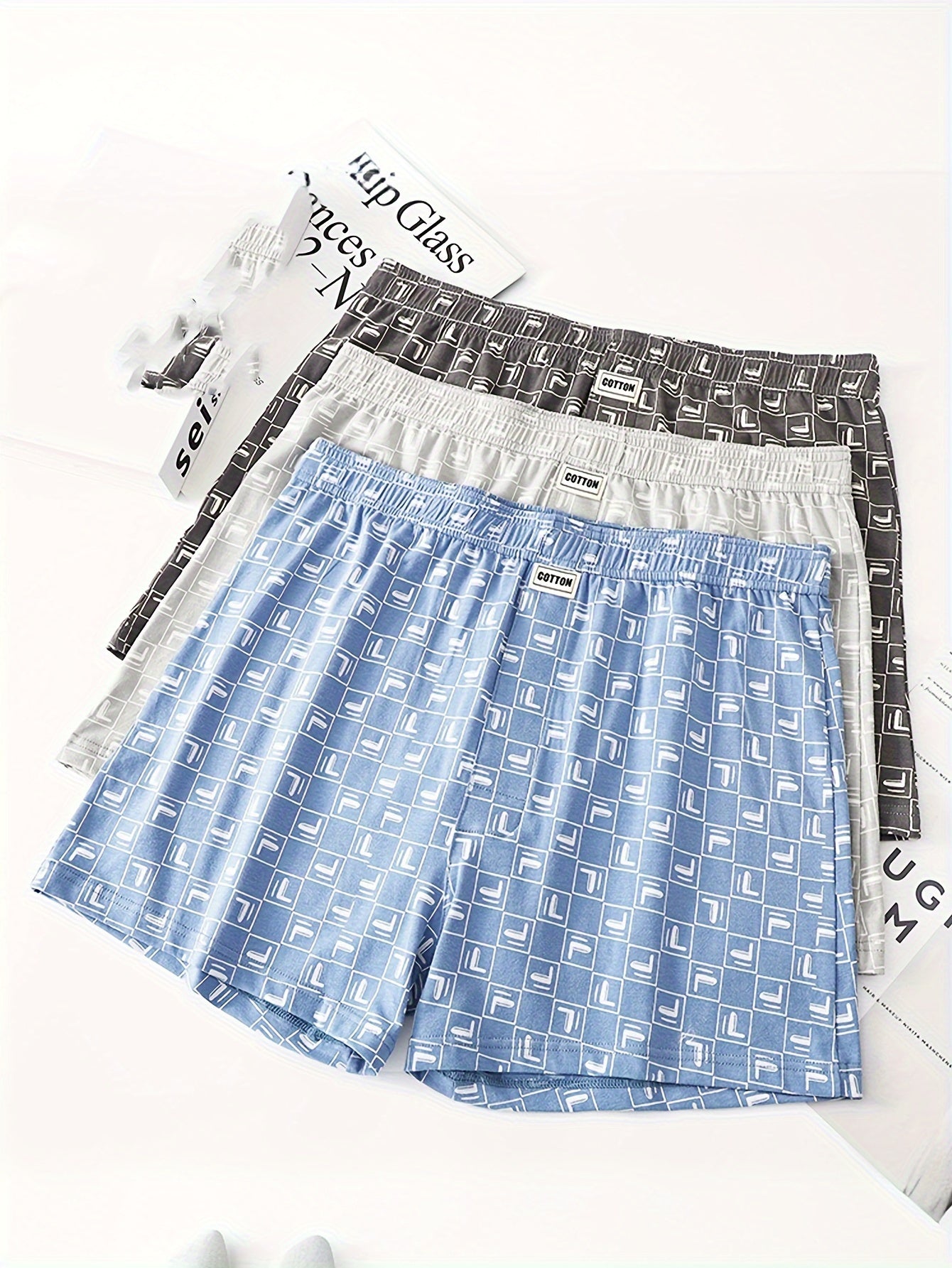 Men's Cotton Boxer Briefs 3 Pack Breathable Plaid Denim-Style Patterns Comfortable Elastic Waist