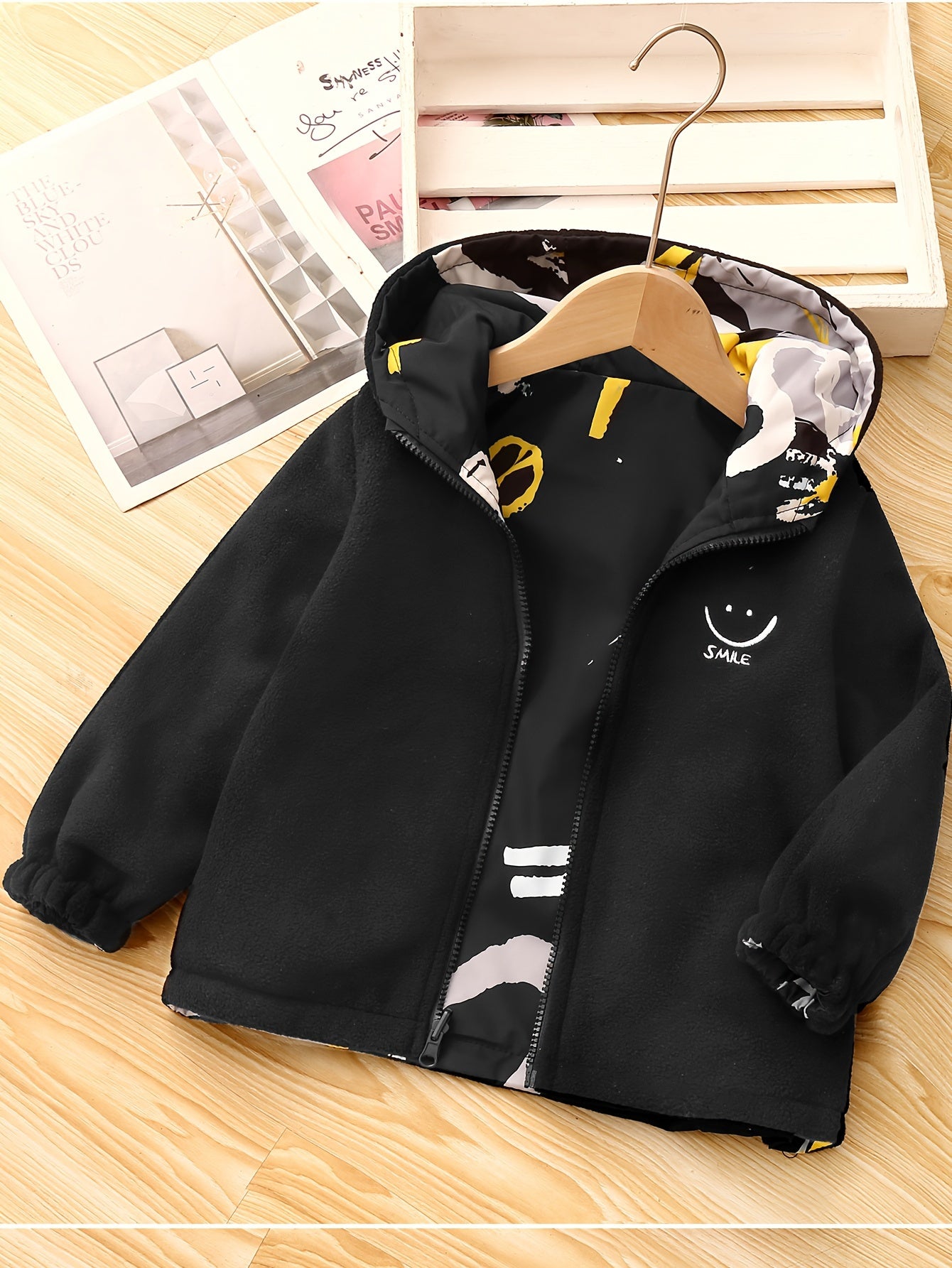 Детская двусторонняя флисовая куртка с геометрическим узором, капюшон на молнии для осени и зимы