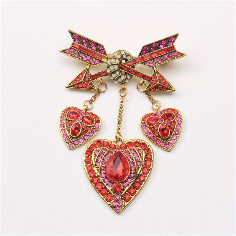 Rhinestone Enamel Heart Brooch with Fringe and Love Arrow Pin for Women