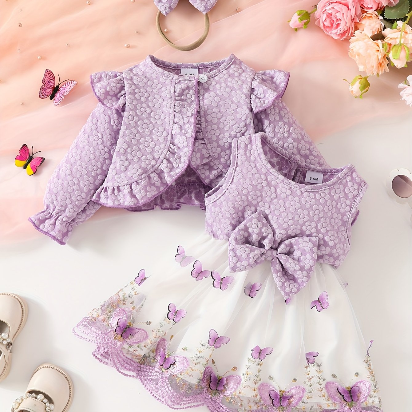 Girls' Long Sleeve Butterfly Pattern Tulle Dress Set with Crop Top and Bow Headband for Fall Winter