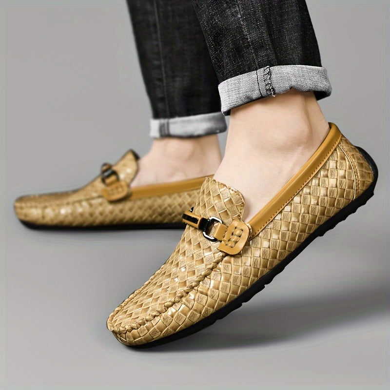 Men's Black Slip-On Loafers Breathable Diamond Pattern Casual Summer Lightweight Rubber Sole