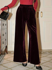 Plus Size Velvet Wide Leg Pants Elastic Waist Pockets Women's Clothing