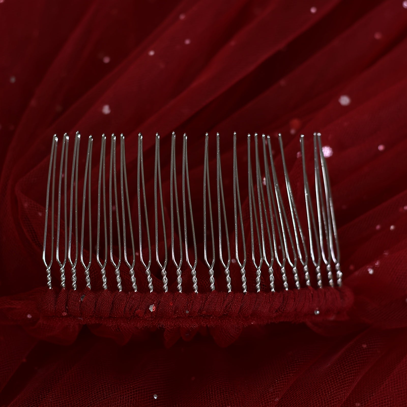 Red Bridal Veil with Golden Stitching Nylon Mesh for Wedding and Performance