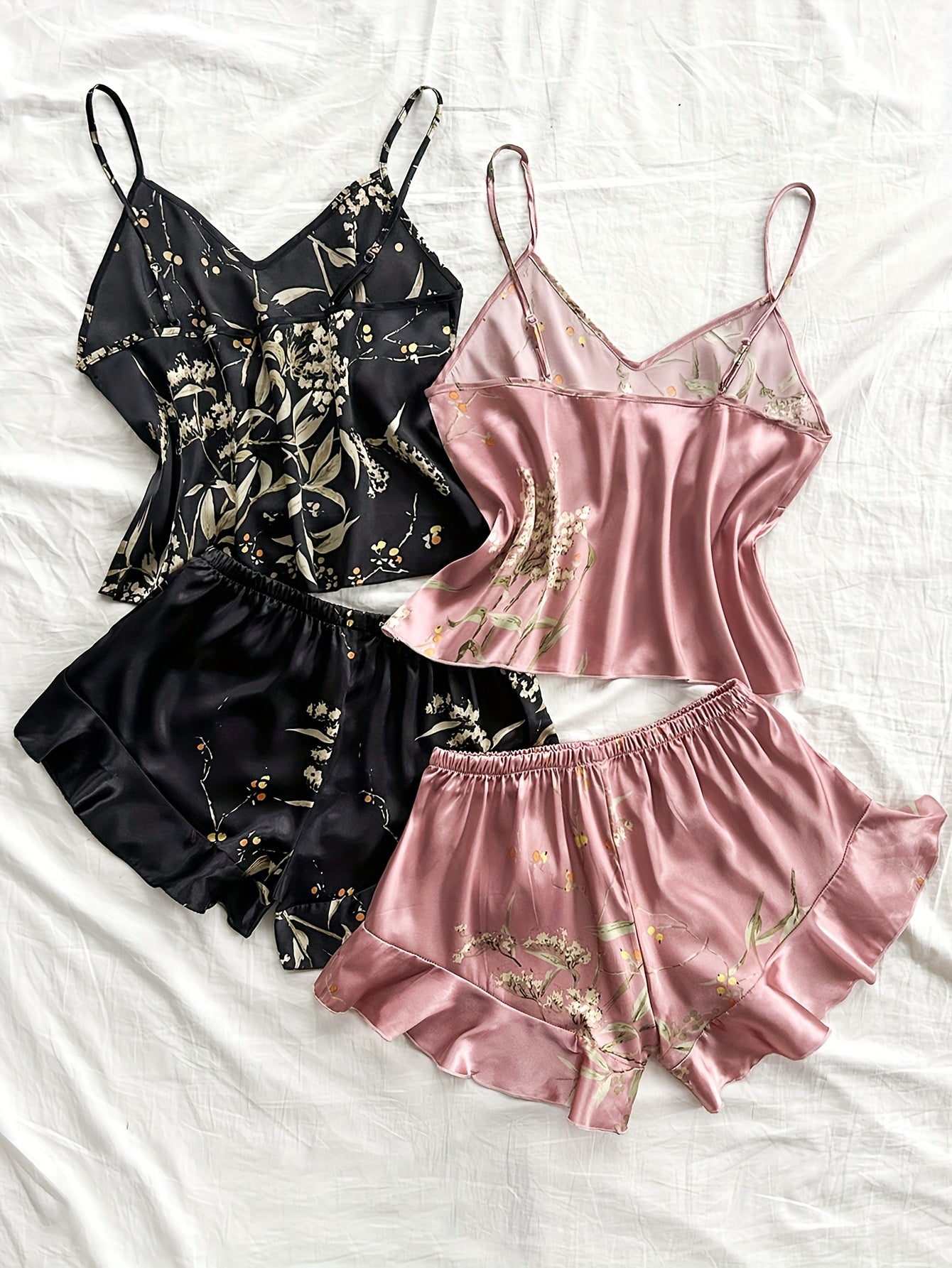 Женские пижамные комплекты из полиэстера с рюшами и принтами, 4 шт., для всех сезонов