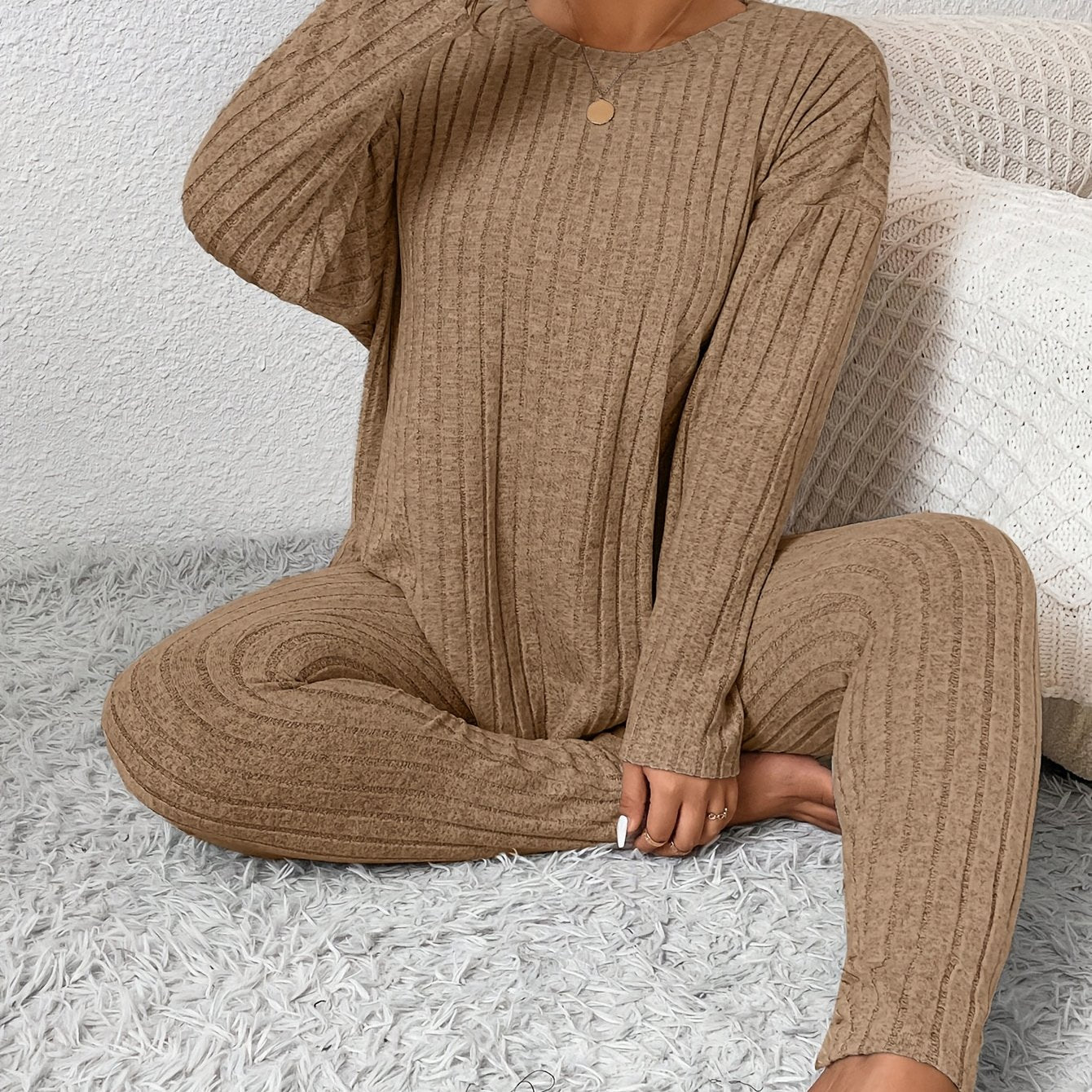 Women Long Sleeve Pajama Set Large Size Warm Slim Fit