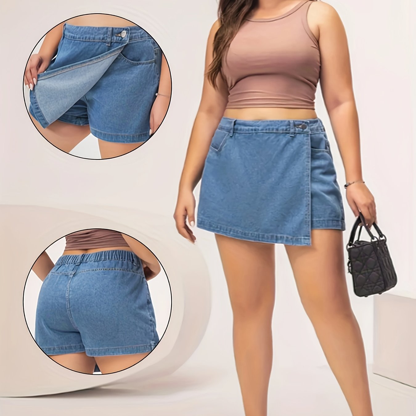Ayollar uchun yuvilgan ko‘k asimmetrik 2-in-1 denim skort, katta o‘lcham
