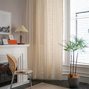Cortinas boho de lino semi-opacas con patchwork de crochet crema para sala de estar y dormitorio
