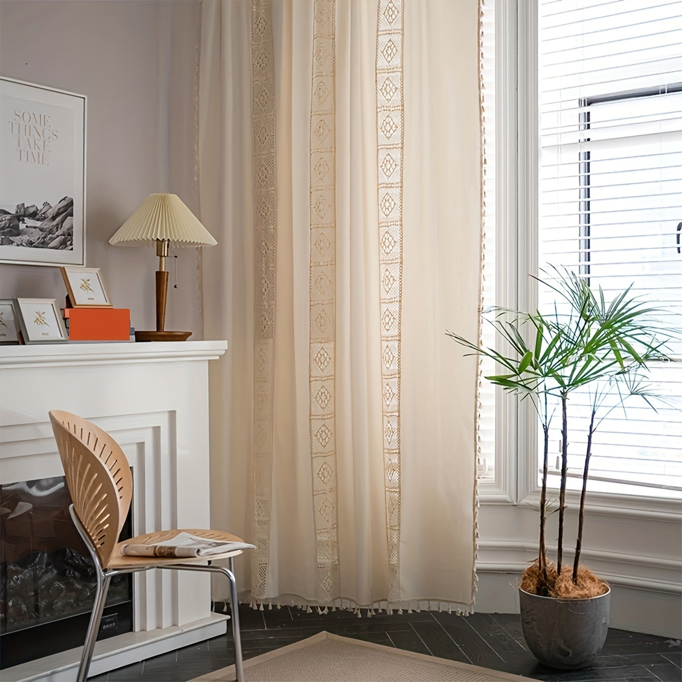 Cortinas boho de lino semi-opacas con patchwork de crochet crema para sala de estar y dormitorio