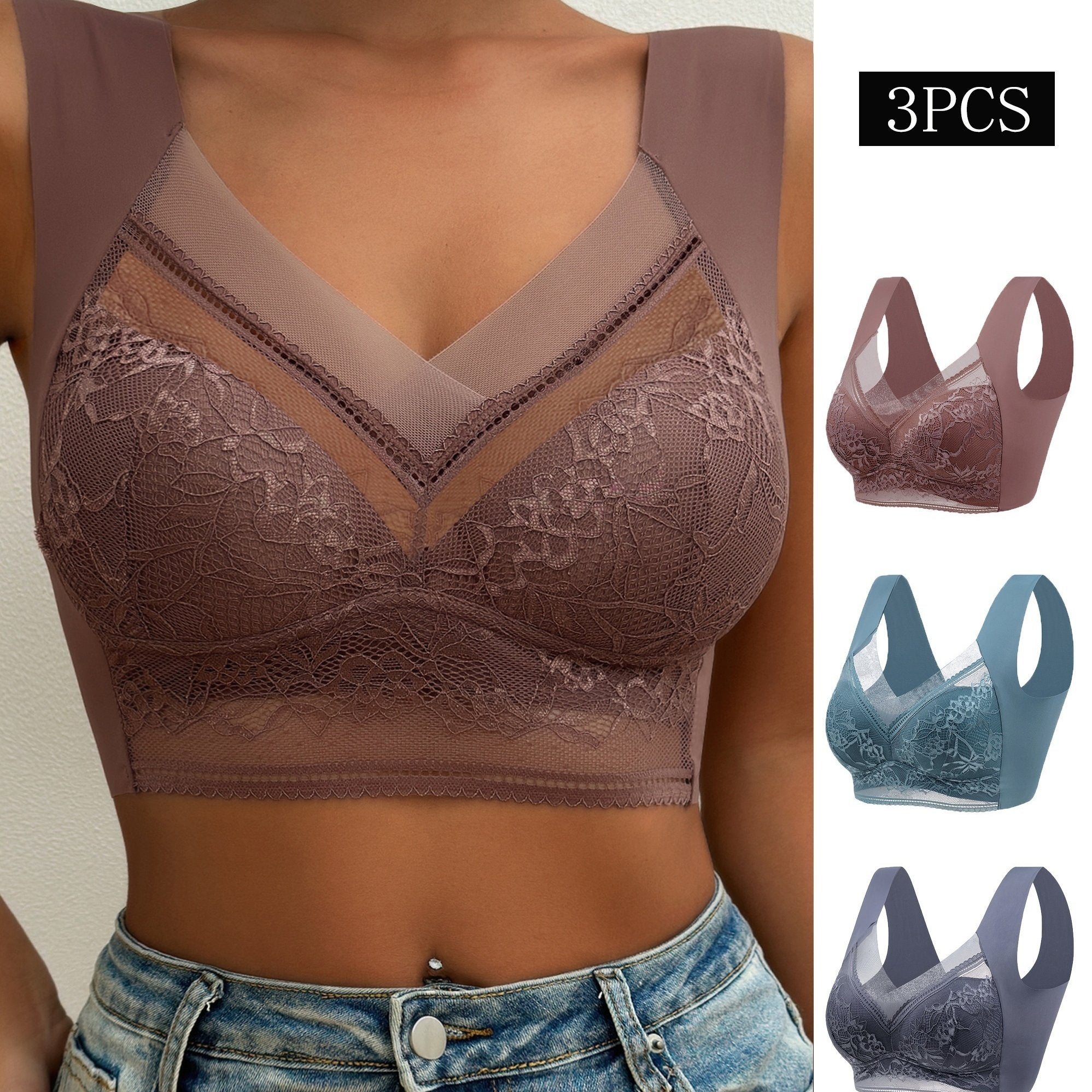 Women's Wireless Push-Up Bras with Contrast Lace Breathable Comfortable Underwear