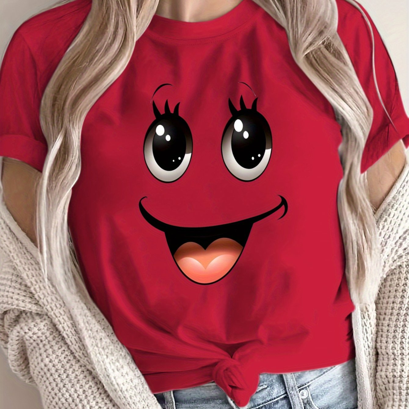 Women's Oversized Graphic T-Shirt Pink Cartoon Face Loose Fit Casual Summer